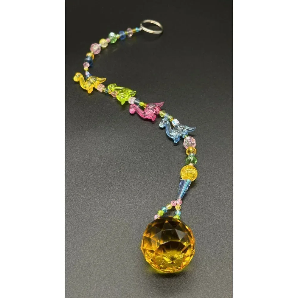 Dinosaur Beaded Suncatcher  - Pastel - Yellow Crystal Prism - Hanging Decor